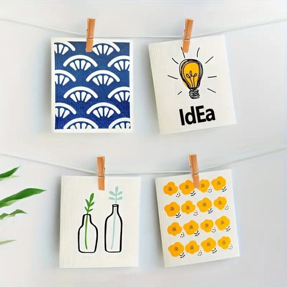 NEW Set of 4 Swedish Dishcloths - Modern Design, Lightbulb, Plants - Reusable